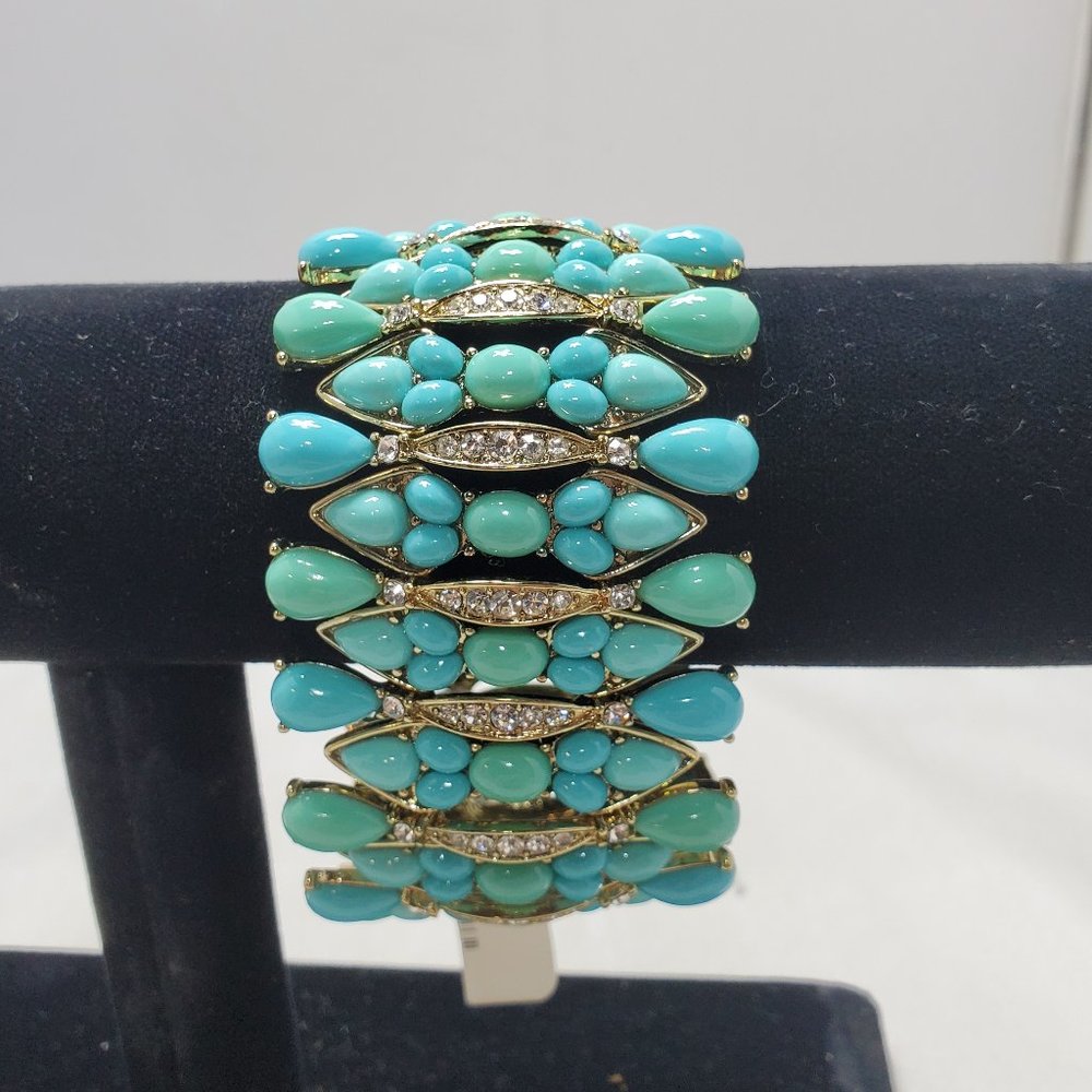 Neiman Marcus turquoise beaded with  rhinestones gold stretch bracelet 2" - Picture 2 of 8